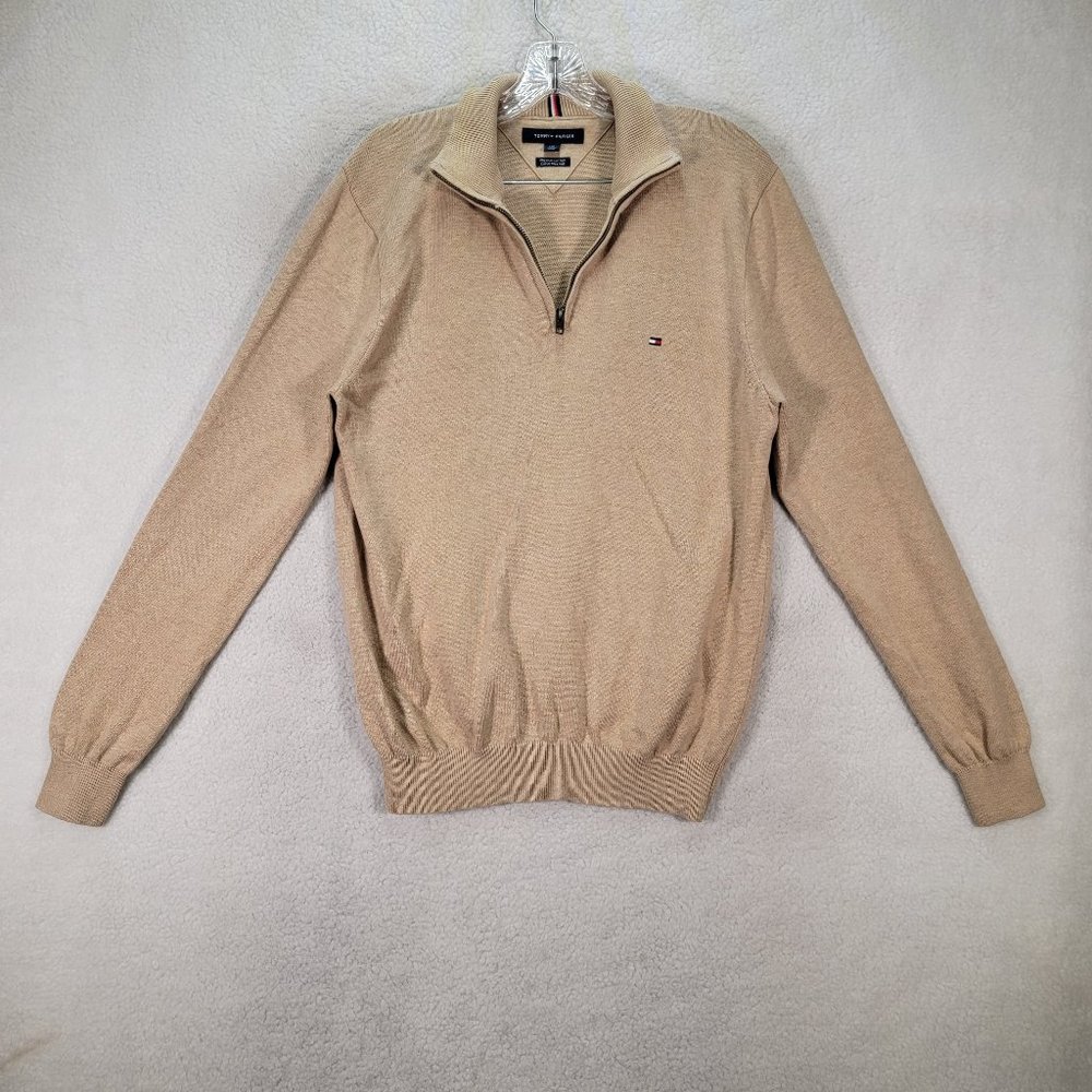 Tommy Hilfiger Beige Cotton Knit Collared Zip Academia Prestige Pullover Sweater